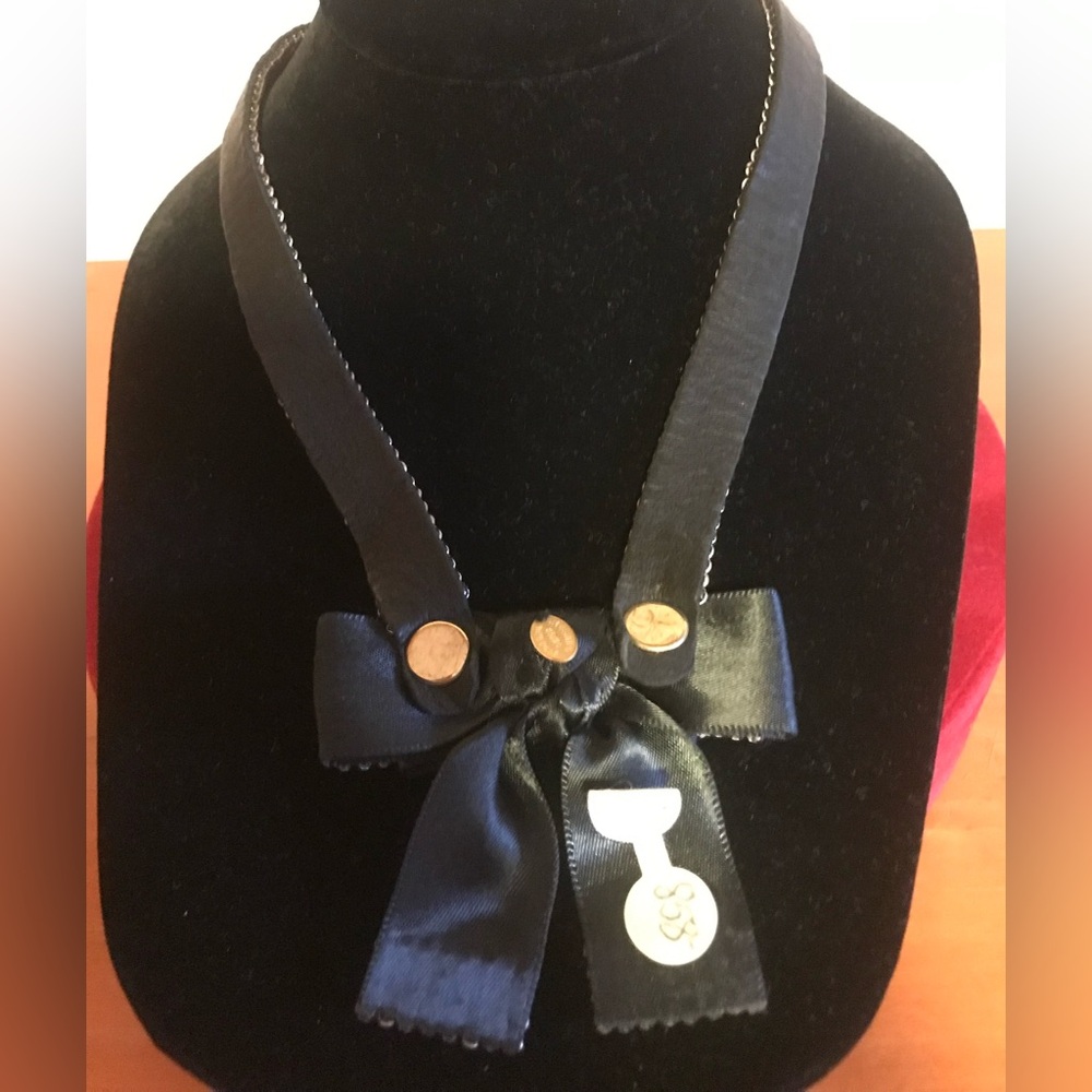 Alzerina Hand Made Black Satin Bowtie Necklace with Copper Crystals. - Picture 6 of 8